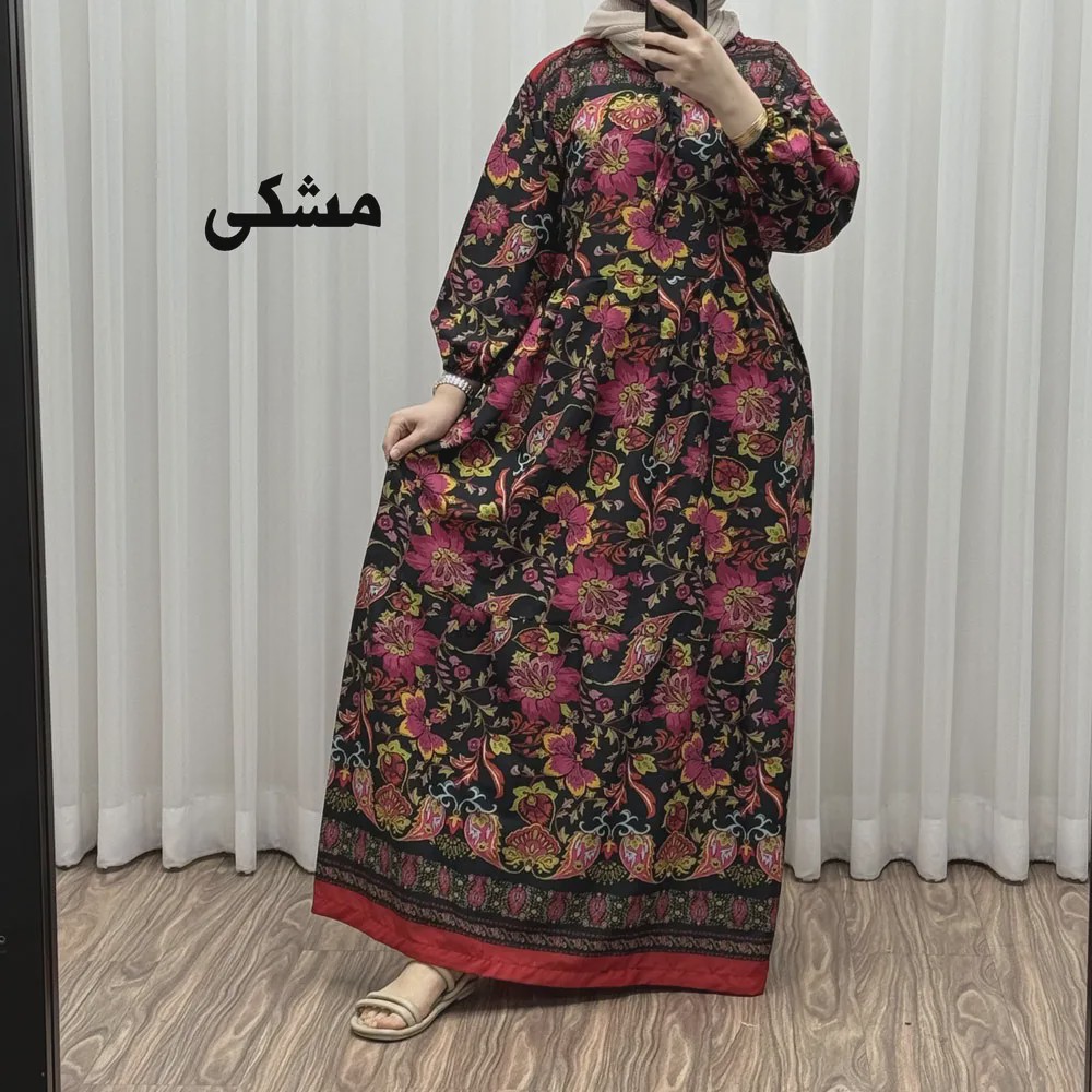 پیراهن فلور بوگاتی حاشیه دار نخی فری سایز تا 50 بنددار چهارفصل زنانه شیک