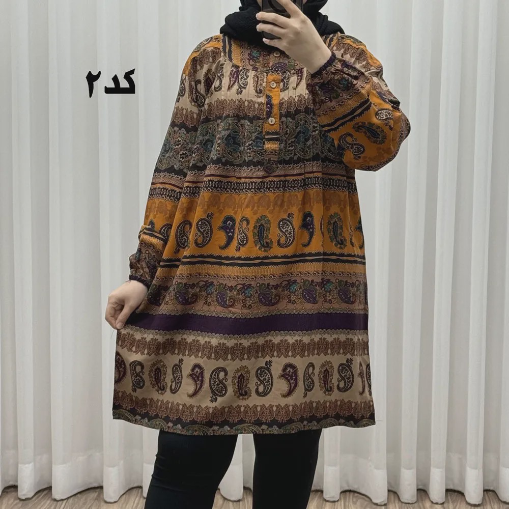 تونیک سایزبزرگ وارداتی مدل ترمه افقی کد 1617 جنس نخی چهارفصل زنانه سایز 6 تا 8