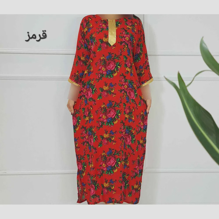 پیراهن ساحلی ترکمنستان طلاکوب گل درشت فری سایز تا 54 نخی شسته شده بدون آبرفت و رنگ رفت کمربند دار سایه نمیندازد