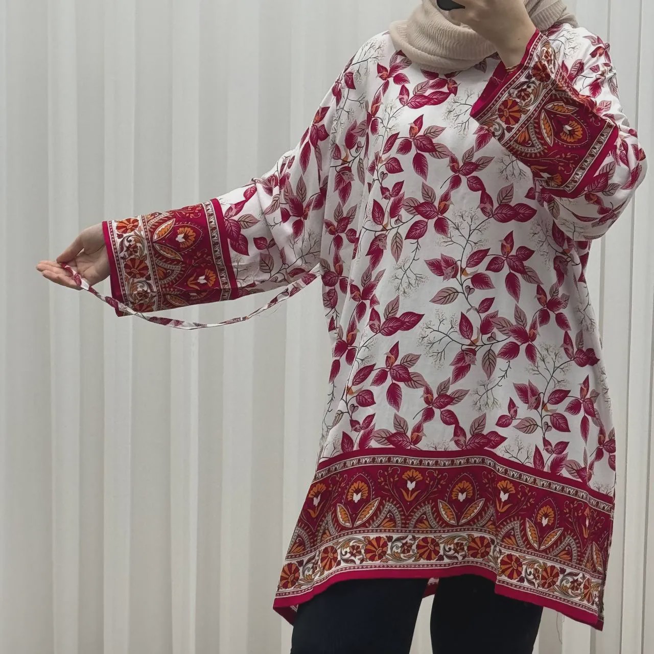 تونیک نخی فری سایز تا 52 حاشیه دار کمربنددار چهارفصل زنانه و دخترانه کد 1455
