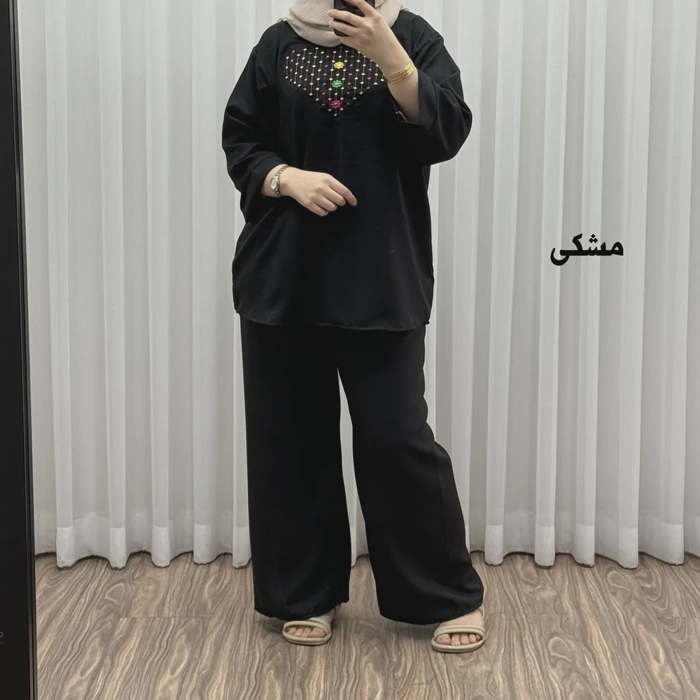 ست بلوز شلوار گلدوزی آلنا فری سایز تا 50 جنس صوفیا چهارفصل شیک راحت بدون آبرفت و رنگ رفت