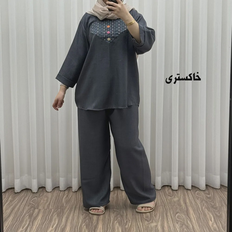 ست بلوز شلوار گلدوزی آلنا فری سایز تا 50 جنس صوفیا چهارفصل شیک راحت بدون آبرفت و رنگ رفت