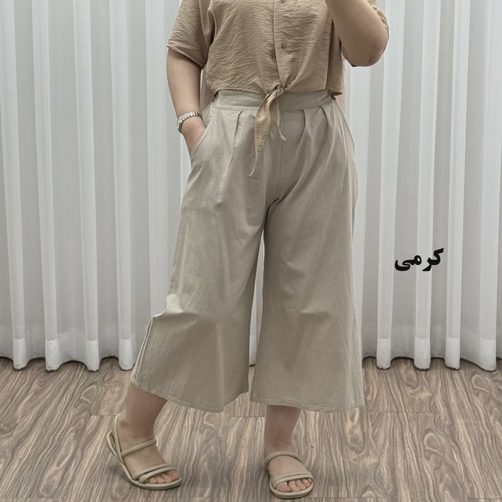 شلوار واید لنین نچرال فری سایز تا 50 تنخور شیک و راحت چهارفصل زنانه مناسب باردار و سایز درشت