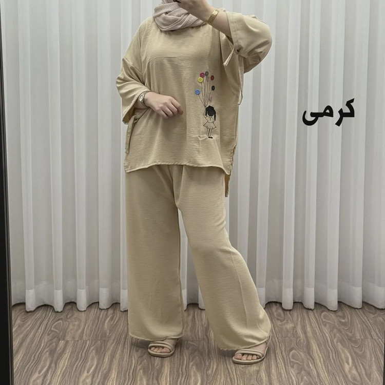 ست بلوز شلوار بادکنکی فری سایز تا 52 ابر و باد چهارفصل شیک و راحت بدون آبرفت و رنگ رفتگی