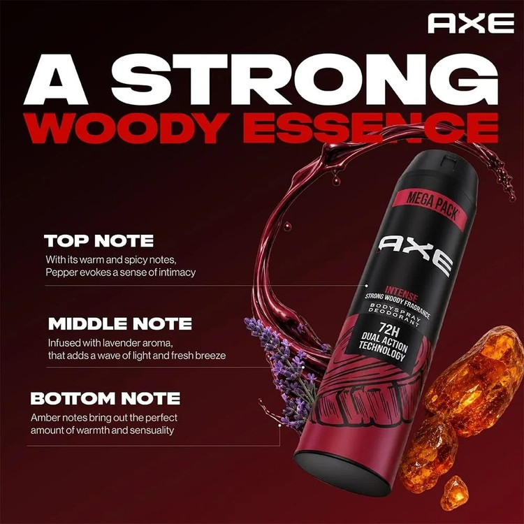 دئودورانت مردانه Axe Intense با ماندگاری 72 ساعته رایحه چوبی قوی، بویی شبیه پوست درخت دارچین، چوب صندل و وانیل