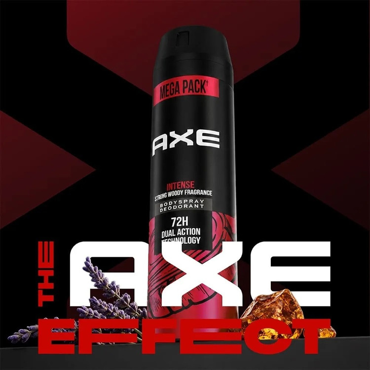 دئودورانت مردانه Axe Intense با ماندگاری 72 ساعته رایحه چوبی قوی، بویی شبیه پوست درخت دارچین، چوب صندل و وانیل