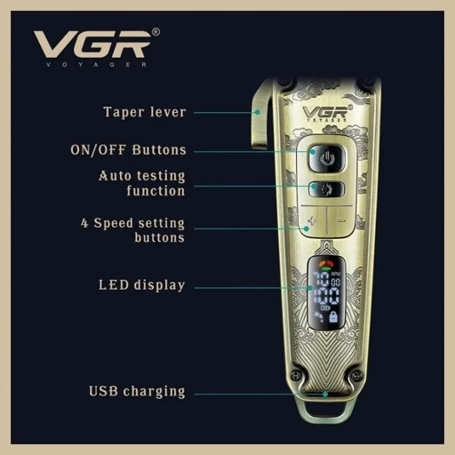 ماشین اصلاح مو سر و صورت وی جی آر V-005 تیغه کربن استیل باتری لیتیومی 2600mAh 8 سایز