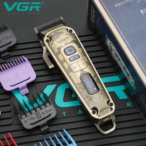 ماشین اصلاح مو سر و صورت وی جی آر V-005 تیغه کربن استیل باتری لیتیومی 2600mAh 8 سایز