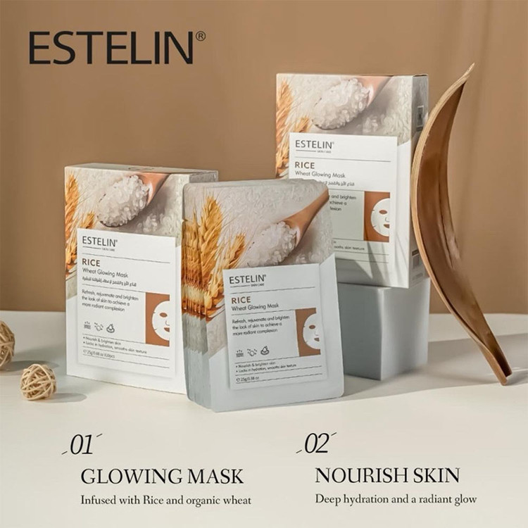 ماسک صورت ورقهای برنج استلین مدل Estelin Rice Wheat آبرسان و روشنکننده 10 عددی