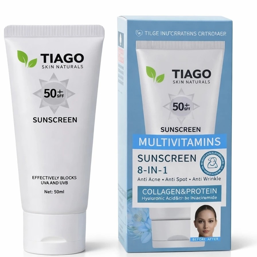 ضد آفتاب تیاگو کرهای بیرنگ SPF 50 بدون چربی با کلاژن، هیالورونیک اسید و نیاسینامید