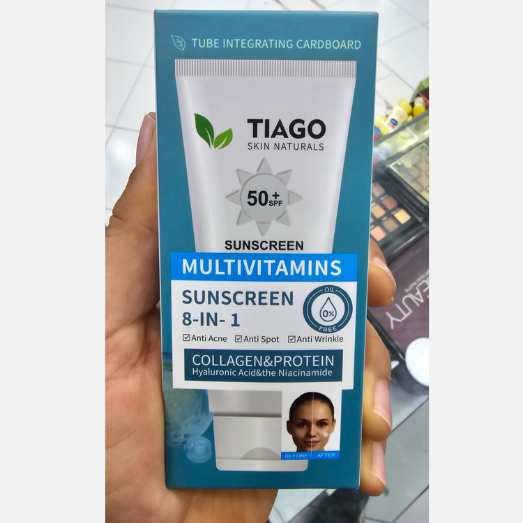 ضد آفتاب تیاگو کرهای بیرنگ SPF 50 بدون چربی با کلاژن، هیالورونیک اسید و نیاسینامید
