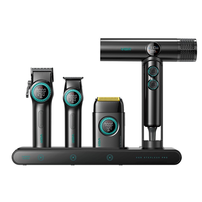 ست ماشین اصلاح VGR STEBLRES PRO 4in1 تیتانیوم + سشوار BLDC 70000‑110000 دور در دقیقه