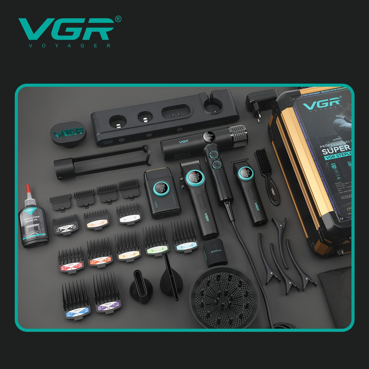 ست ماشین اصلاح VGR STEBLRES PRO 4in1 تیتانیوم + سشوار BLDC 70000‑110000 دور در دقیقه