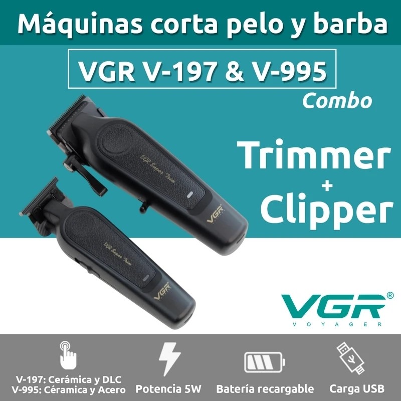 ست ماشین اصلاح دوقلو VGR 197V995 مشکی ضد زنگ کربن استیل سرامیک با خط زن و حجم زن شارژ سریع