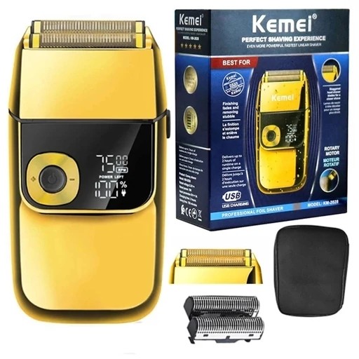 ماشین اصلاح صورت کیمی KM-2028 USB، 7000RPM، 4 شانه تنظیمپذیر 0.1‑3 mm، نمایشگر دیجیتال، باتری لیتیوم یون 800 mAh، وزن 4