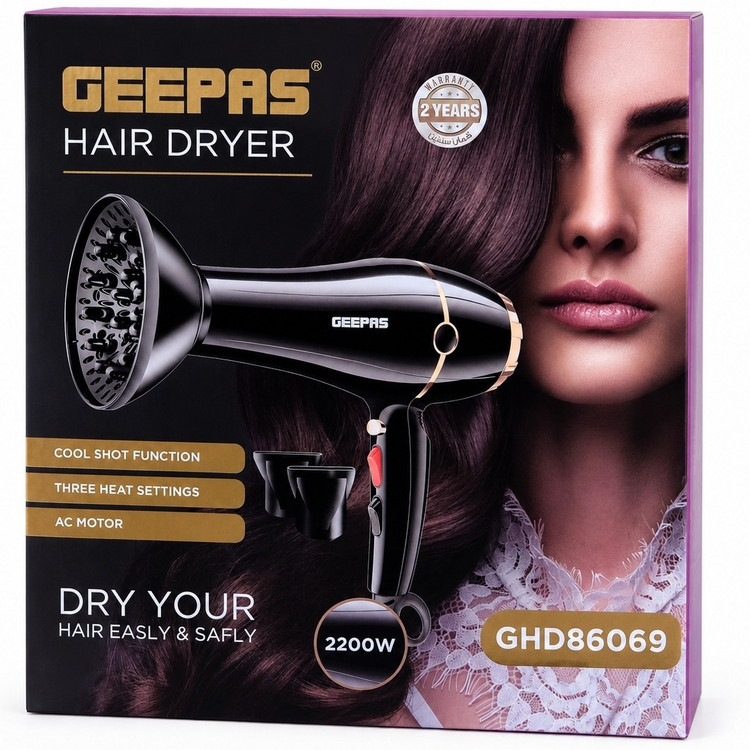 سشوار Geepas GHD86069 2200W AC موتور، سه شاخ، حفاظت گرمایی، برای استایلینگ حرفهای