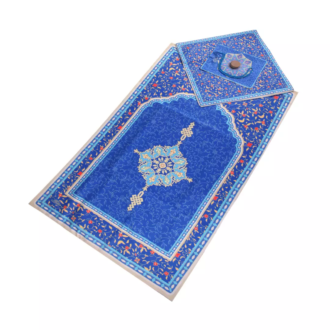 جانماز مخمل سه تیکه طرح گل پیچک رنگ آبی