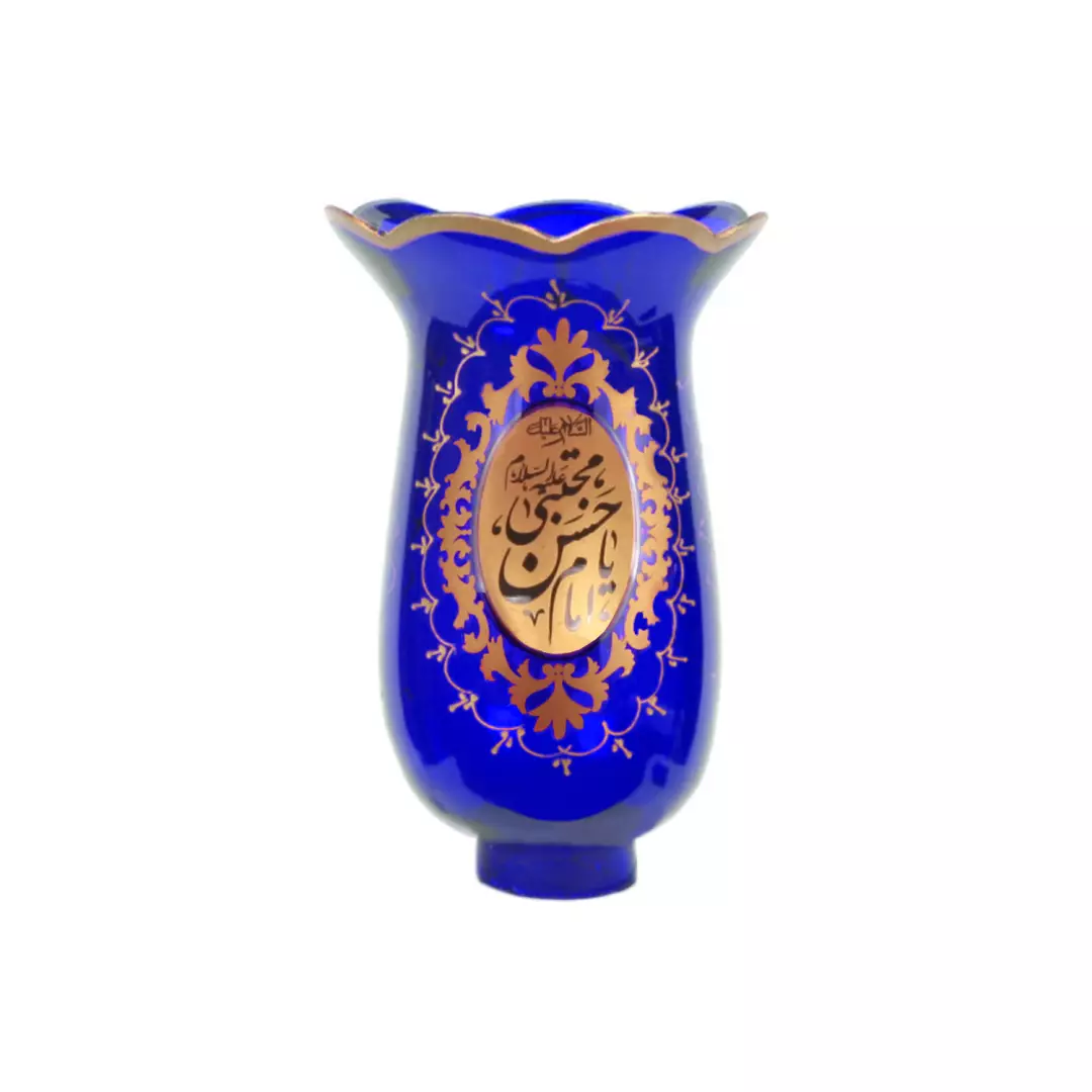 لاله شمعدان با شعار یا اباعبدالله الحسین و یا امام حسن مجتبی علیهم السلام رنگ آبی ارتفاع 21 سانتی متر مناسب پا