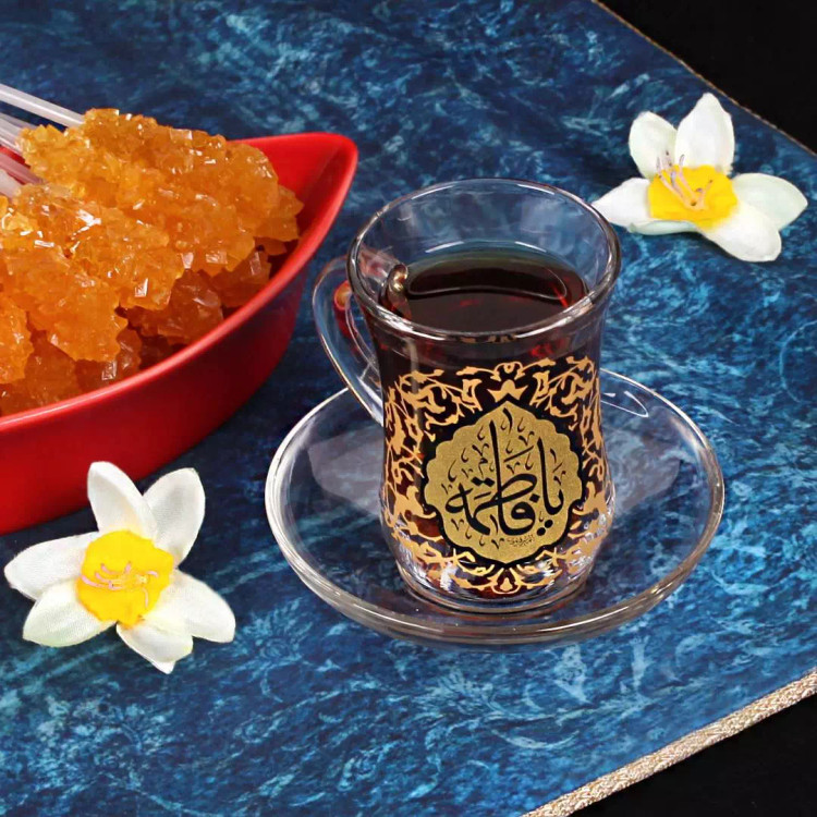 ست شش عددی استکان کمر باریک دسته دار با شعار یا فاطمه سلام الله علیها