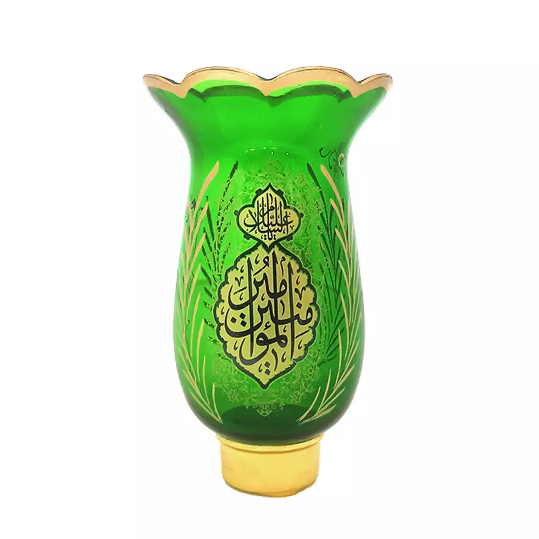 لاله شمعدان کوچک با شعار امیرالمومنین و فاطمه الزهرا علیهماالسلام رنگ سبز مناسب پایه کوچک