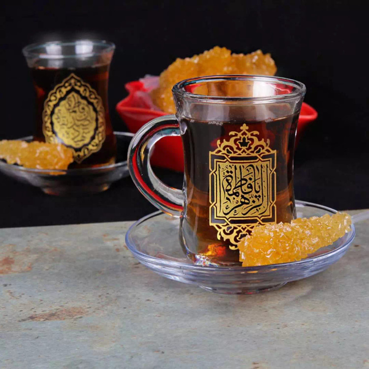 ست 6 عددی استکان کمر باریک دسته دار با شعار یا فاطمه الزهرا سلام الله علیها طرح مربعی